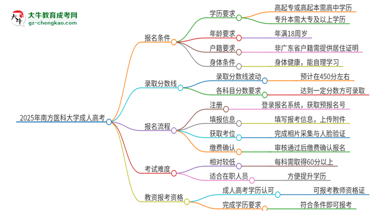 2025年南方醫(yī)科大學(xué)成人高考能考教資嗎？思維導(dǎo)圖