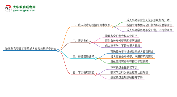 2025年東莞理工學(xué)院考完成人高考還能參加統(tǒng)招專升本嗎？思維導(dǎo)圖
