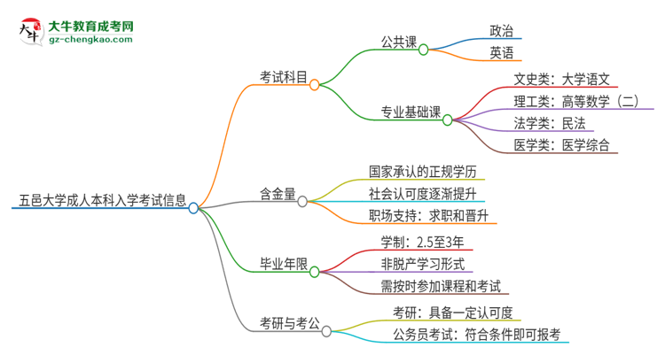 五邑大學(xué)2025年成人本科入學(xué)考試科目有哪些？思維導(dǎo)圖