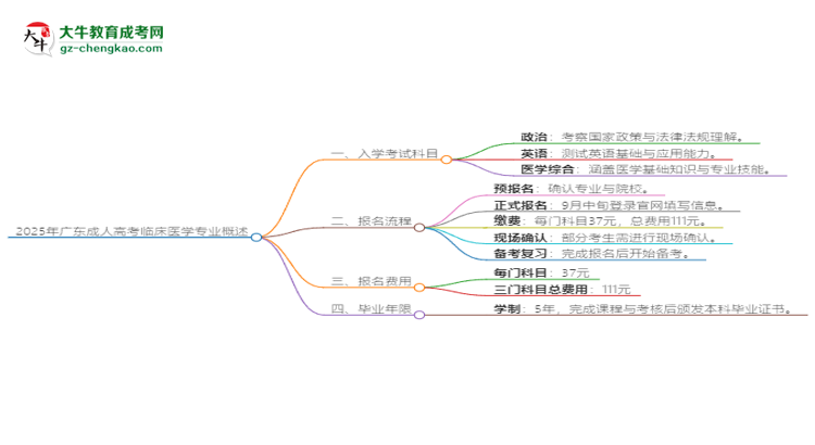 2025年廣東成人高考臨床醫(yī)學(xué)專業(yè)入學(xué)考試科目有哪些？思維導(dǎo)圖