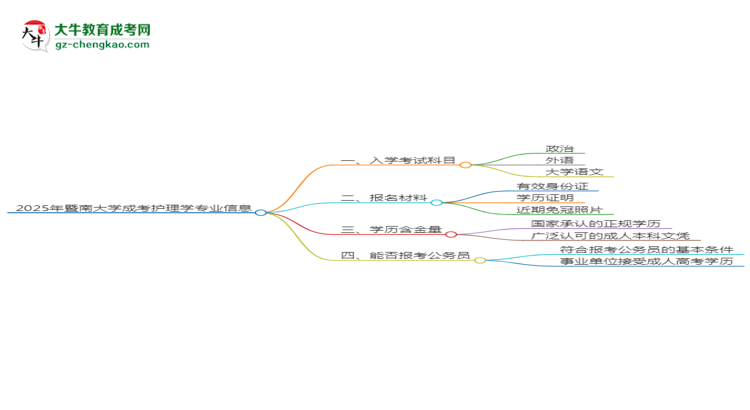 2025年暨南大學(xué)成考護(hù)理學(xué)專業(yè)入學(xué)考試科目有哪些？思維導(dǎo)圖
