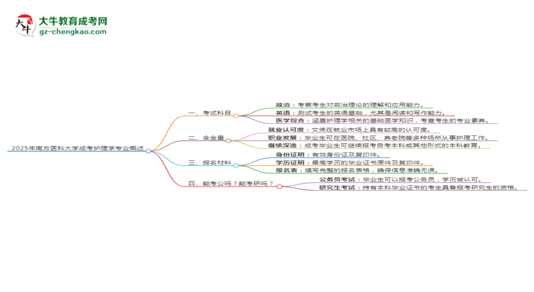 2025年南方醫(yī)科大學(xué)成考護(hù)理學(xué)專業(yè)入學(xué)考試科目有哪些？思維導(dǎo)圖
