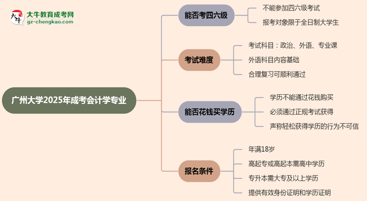 廣州大學(xué)2025年成考會計學(xué)專業(yè)生可不可以考四六級？思維導(dǎo)圖