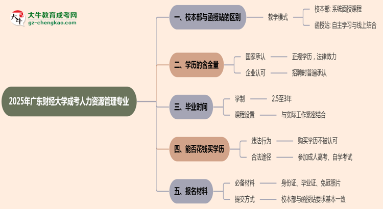 廣東財經(jīng)大學(xué)2025年成考人力資源管理專業(yè)校本部和函授站哪個更好？思維導(dǎo)圖