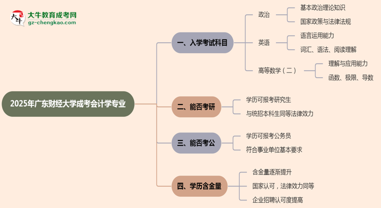 2025年廣東財經(jīng)大學(xué)成考會計學(xué)專業(yè)入學(xué)考試科目有哪些？思維導(dǎo)圖