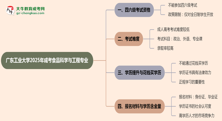 廣東工業(yè)大學(xué)2025年成考食品科學(xué)與工程專業(yè)生可不可以考四六級(jí)？思維導(dǎo)圖