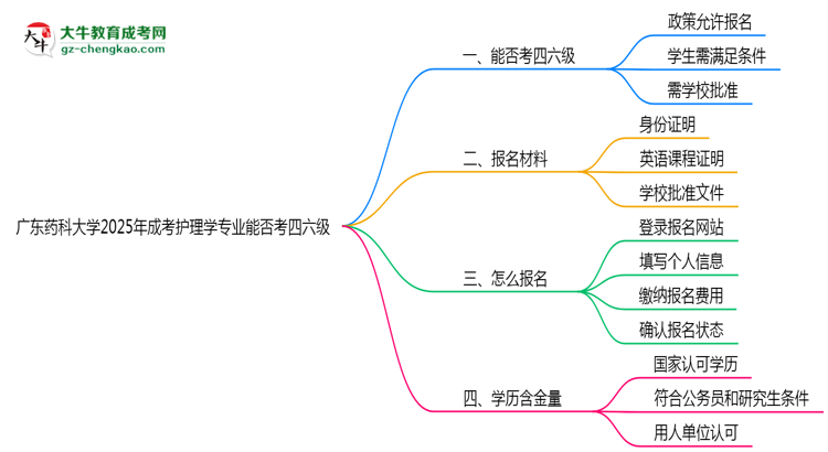 廣東藥科大學(xué)2025年成考護理學(xué)專業(yè)生可不可以考四六級？思維導(dǎo)圖
