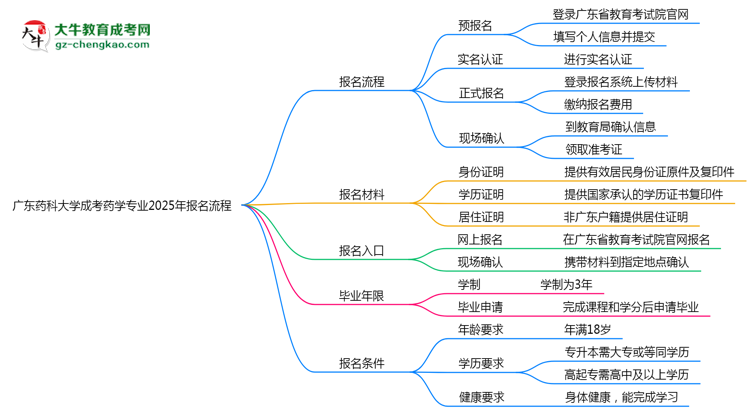 廣東藥科大學(xué)成考藥學(xué)專業(yè)2025年報(bào)名流程思維導(dǎo)圖