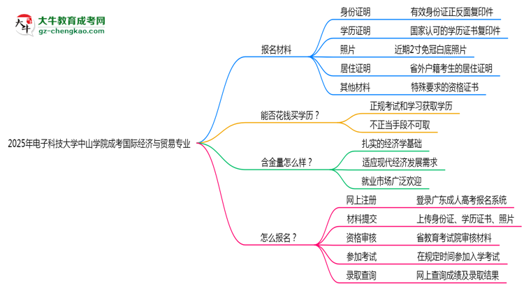 2025年電子科技大學(xué)中山學(xué)院成考國際經(jīng)濟(jì)與貿(mào)易專業(yè)報名材料需要什么？思維導(dǎo)圖