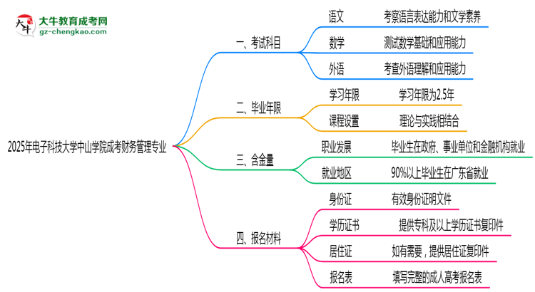 2025年電子科技大學(xué)中山學(xué)院成考財務(wù)管理專業(yè)入學(xué)考試科目有哪些？思維導(dǎo)圖