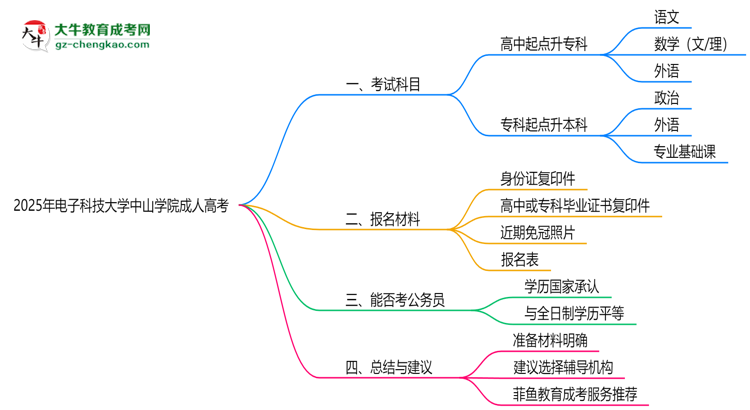 2025年電子科技大學(xué)中山學(xué)院成人高考入學(xué)考試科目有哪些？思維導(dǎo)圖