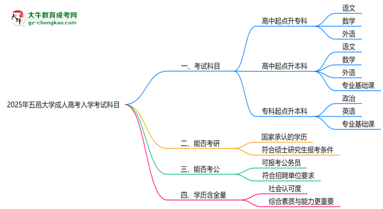 2025年五邑大學成人高考入學考試科目有哪些？思維導圖
