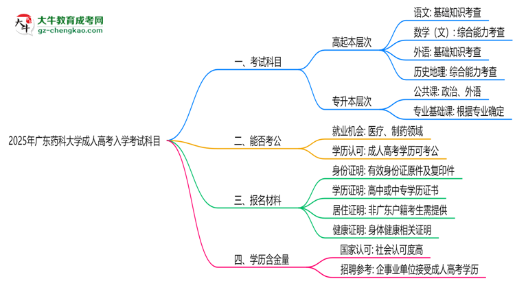 2025年廣東藥科大學(xué)成人高考入學(xué)考試科目有哪些？思維導(dǎo)圖