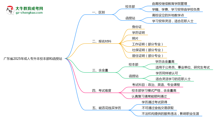 廣東省2025年成人專升本校本部和函授站哪個(gè)更好？思維導(dǎo)圖