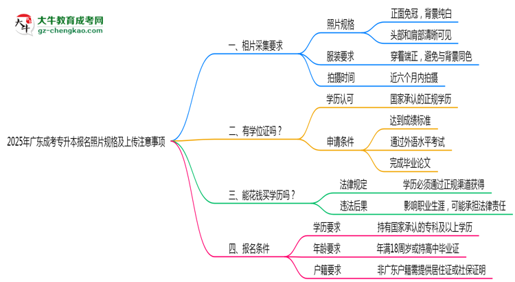 2025年廣東成考專升本報(bào)名照片規(guī)格及上傳注意事項(xiàng)思維導(dǎo)圖