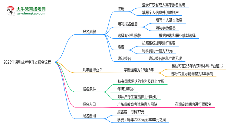 2025年深圳成考專升本報名流程：從注冊到繳費全指南思維導(dǎo)圖