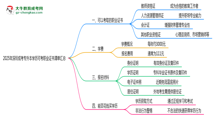 2025年深圳成考專(zhuān)升本學(xué)歷可考職業(yè)證書(shū)清單匯總思維導(dǎo)圖