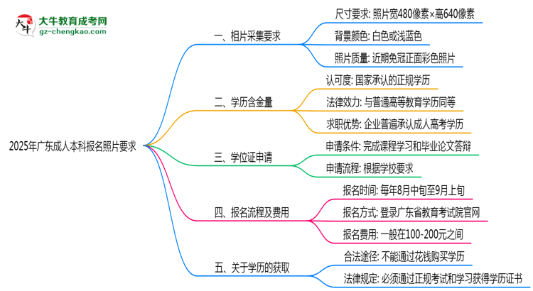 2025年廣東成人本科報名照片格式尺寸及背景要求思維導圖