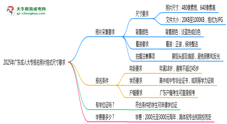 2025年廣東成人大專報(bào)名照片格式尺寸要求詳解思維導(dǎo)圖