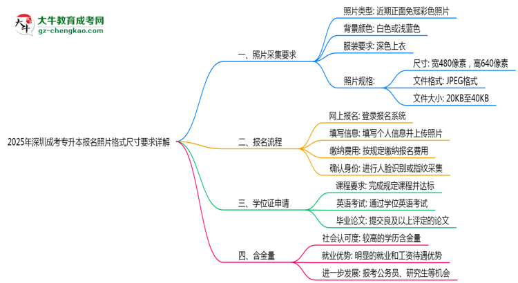 2025年深圳成考專(zhuān)升本報(bào)名照片格式尺寸要求詳解思維導(dǎo)圖