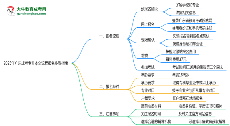 2025年廣東成考專(zhuān)升本全流程報(bào)名步驟指南思維導(dǎo)圖